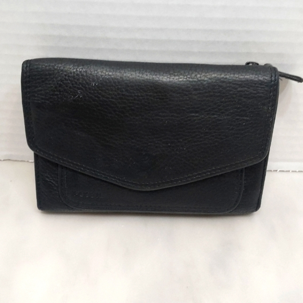 Fossil Black Leather Snap Close Tri Fold Wallet